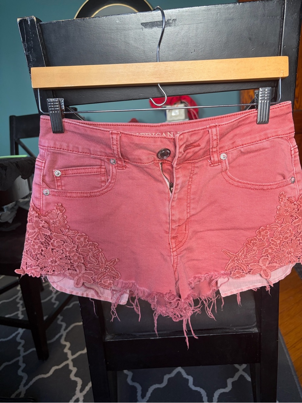 American Eagle Outfitters Rose-Pink Lace Trim Denim Shorts